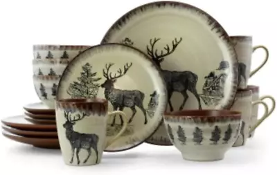 Round Stoneware Cabin Dinnerware Dish Set 16 Piece Elk Design With Warm Taupe • $93.81