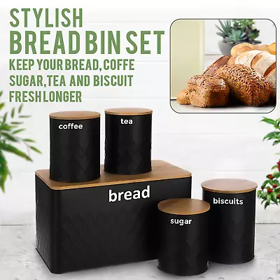 5pc Kitchen Set Bread Bin Tea Coffee Sugar Tins Biscuit Barrel Sealed Containers • £19.85