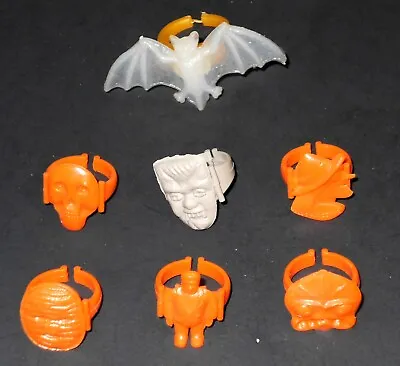 Full Set Of 6 Monster Vending Gumball Machine Rings 1960s & Glow Bat Ring Charms • $34.99