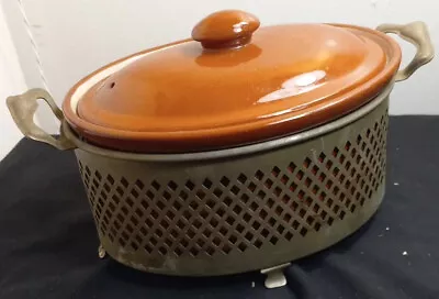 Weller Pottery Covered Casserole Crock In Metal Carrier Holder Lid Brown READ 78 • $35