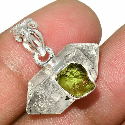 Genuine Moldavite & Herkimer Diamond Point Crystal Pendant 925 Sterling Silver • $95