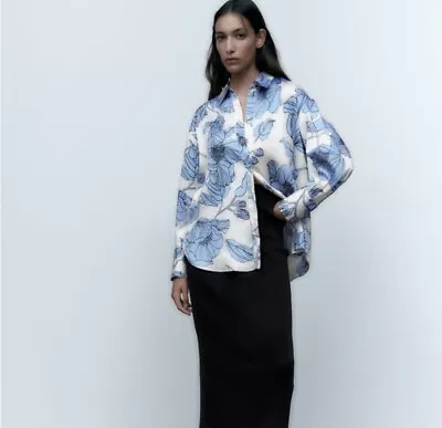 Zara Women's Large Blue Floral Button Up Blouse Satin Boho Lagen Look Spring • $20