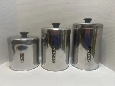 $19.99 • Buy Vintage MCM Pantry Queen Stainless Steel Canister Set Tea Sugar Flour ORIGINAL