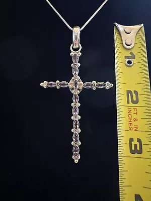 Vintage Sterling Silver Large Amethyst Cross Necklace • $38.50