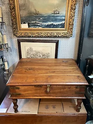 Early 19th Century Wood Flip Top Business Writing Desk On Legs W/ Great Hardware • $695