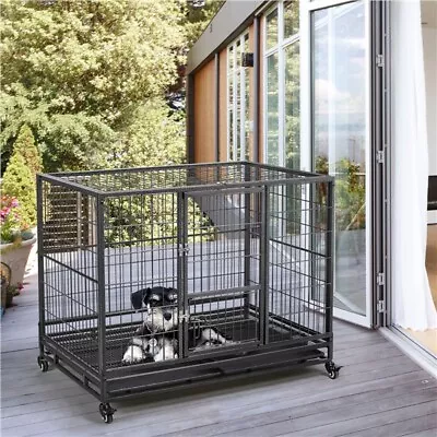 43  Large Metal Dog Crate Folding Kennel Heavy Duty Cage W/ Wheels & Tray Black  • $149.99