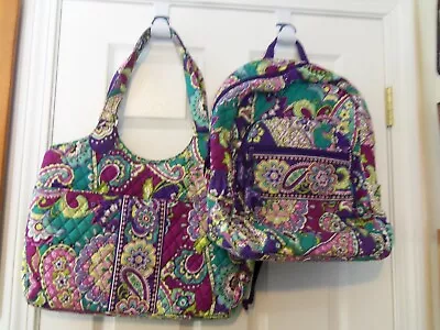 Vera Bradley SET OF 2 Purple Heather Paisley BACK PACK & LARGE BAG Quilted • $39.99