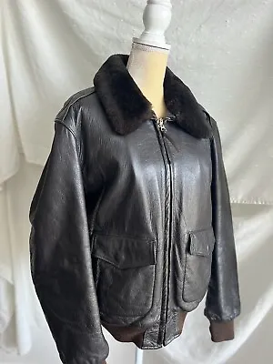 Vintage L.L. Bean Leather Bomber ￼Jacket With Sheepskin Mouton Collar Size 44 • $300