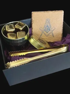 Freemason Gift Hamper Masonic Engraved Gold Ice Cubes Coaster Tongs Luxury Set • £49.95