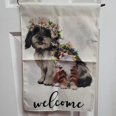 Welcome Cat & Dog W/ Flowers Garden Flag 12X18 Double Sided Vertical Burlap • $8.46