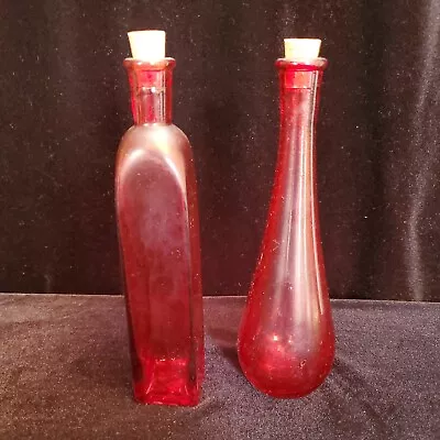 2 Apothecary Ruby Colored Glass Bottle With Cork Stopper 7.5  Tall. • £11.58