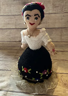 Handmade Crocheted Frida Kahlo Doll Lace Pearls Jewelry 13” Handmade Folk Art • $39.99