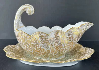 A Lanternier Limoges Gravy Boat & Underplate Green Heavy Gold Gilt C1900 France • $150