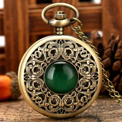 Steampunk Emerald Design Unisex Analog Quartz Pocket Watch Necklace Chain Gift • $4.59