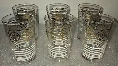 Vintage MCM Fleur De Lis Small Drinking Glasses Set Of 6 Striped Gold & White • $24