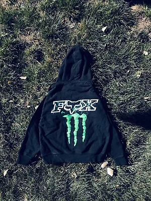 Vtg Y2K RARE FOX RACING X Monster Energy Black Grunge Graphic Print Hoodie • $100