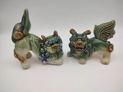 2 Vintage Majolica Ceramic Lucky Chinese Foo Dogs Guardian Lions Green Tan UC&GC • $36