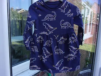 Marks & Spencer - Girl's Navy Blue Dinosaur Design  Dress - 12-18 Months • £1