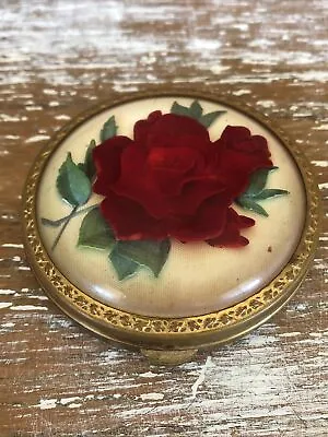 Vintage Crest Gold Plated Compact Rose Under Perspex Dome Original Puff Powder • $62