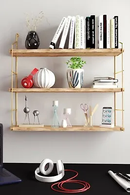 £14.95 • Buy 3 Tier Mounted Wall Floating Shelves. Decorative Shelf. Gold Metal & Solid Wood.