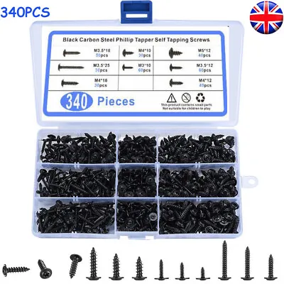 340pcs Black Phillips Modified Truss Head Sheet Metal Self Tapping Screws Set • £9.71