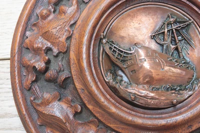 £465 • Buy  H.M.S.Foudroyant Carved Oak And Copper Roundel Wall Plaque