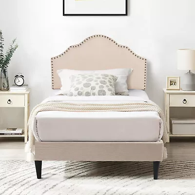Upholstered Platform Bed Frame Twin Mattress Foundation With Fabric Headboard • $110.97