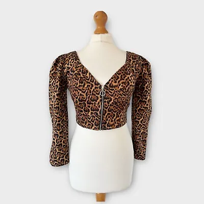 Zara Crop Top Size M Fit 10 Leopard Print Full Zip Front Brown Glam Party Women • £12.99