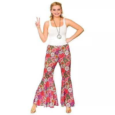 Ladies Flower Power Hippie Pants Bell-Bottoms Trousers Halloween Fancy Dress • £13.29