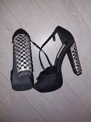 Miss Selfridge Black Suede Silver Gem Diamanté Platform Wedge Stilleto Heels • £18