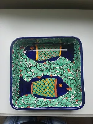 Talavera Artist Signed JMB Square Fish Serving Bowl Blue Green Vintage • $14