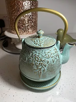 Japanese Cast Iron Teapot Set Teal & Gold + Trivet + Infuser Loose Tea NEW Boxed • £22.50