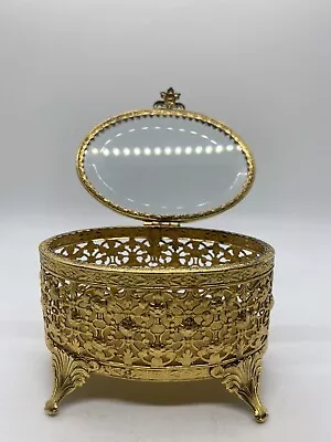 *Vtg Hollywood Regency Gold Filigree Metal Beveled Glass Oval Jewelry Casket Box • $22