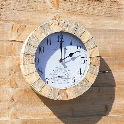 Garden Wall Clock Outdoor Decor Stone Effect Thermometer 25cm Indoor Home Round • £18.99