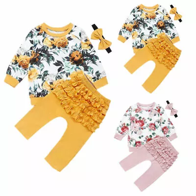 3Pcs Kids Baby Girl Clothes Long Sleeve T-shirt Top+Pants+Headband Set Outfit/ • £12.57