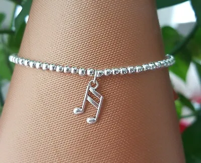 Women's Silver Plated Ball Bead Stretchy Stacking Bracelet Music Note Charm Gift • £2.99