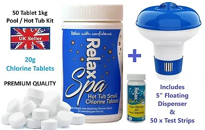 1kg (50x20g) RELAX SPA Chlorine Tablets + Floating Dispenser + 50 X Test Strips • £18.90