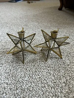 Moravian Star Candle Holders For Taper Candles Set 2 Mercury Glass Antique Brass • $35