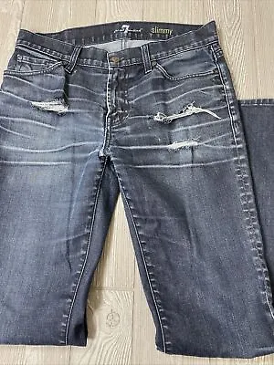 7 Seven For All Mankind Slimmy Jeans Sz 32 Straight Leg Dark Distressed Blue (1a • $35