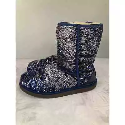 Ugg Classic Short Boots Blue Silver Sequins Sparkle Womens Size 8 • $59.87