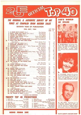 2UE Music Chart Top 40 Australia W/c 29 July 1964 A Hard Day's Night The Beatles • $7.90