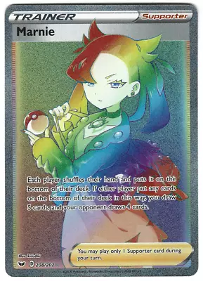 Pokemon TCG Sword & Shield Base Set Marnie Rainbow Secret Rare 208/202 NM/M • $16.40