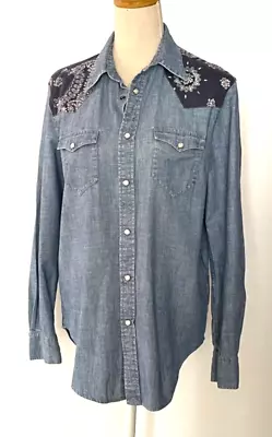 Women's Polo Ralph Lauren Western Denim Shirt Chambray Paisley Shoulders  M • £19.99