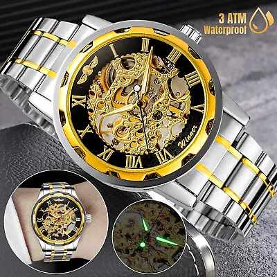 Luxury Men's Gold Skeleton Automatic Mechanical Watch Stainless Steel Waterproof • $19.98