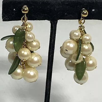 VINTAGE Faux Pearl Grape Cluster Earrings Jade Green Glass Leaves Dangle Clip • $19.95