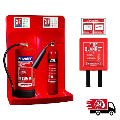 Fire Extinguisher 2kg CO2 & 6kg Powder Set Fire Blanket Signs And Double Stand • £129.95