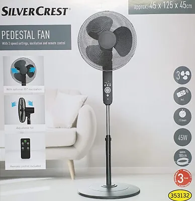 £49.95 • Buy Silvercrest 45x125x45cm 3 Speed Pedestal Fan With Remote Control - Black. New