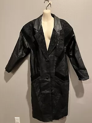 Women's Vtg MARCO MORANI Black Leather Oversize Trench Coat Jacket Size S • $19.99