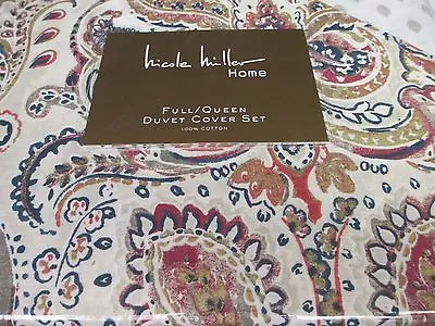 NICOLE MILLER 3pc Cotton Cream Blue Red Paisley Floral Duvet Set - Full/Queen • $89.99