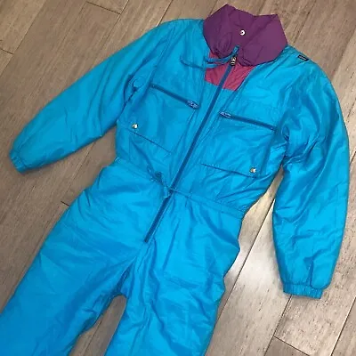 Vtg 80s Ski Suit Skimer One Piece Snowsuit Snow Bib Retro Neon Blue Womens 10 • $129.99